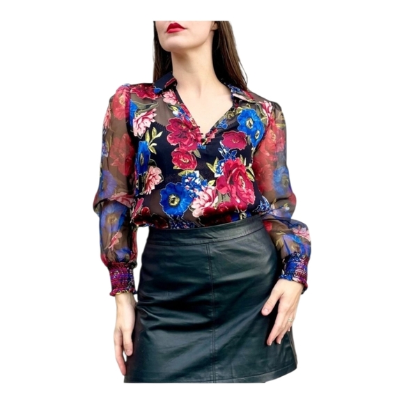 WHBM Sheer Floral Silk Blend Blouse M Black Red Blue Long Sleeve Romantic Top - Picture 1 of 10